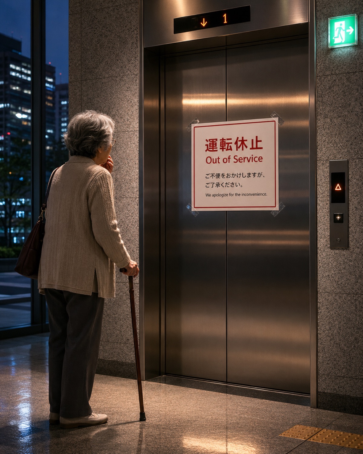 停電中に運転休止となったエレベーターの前で立ち尽くす高齢者